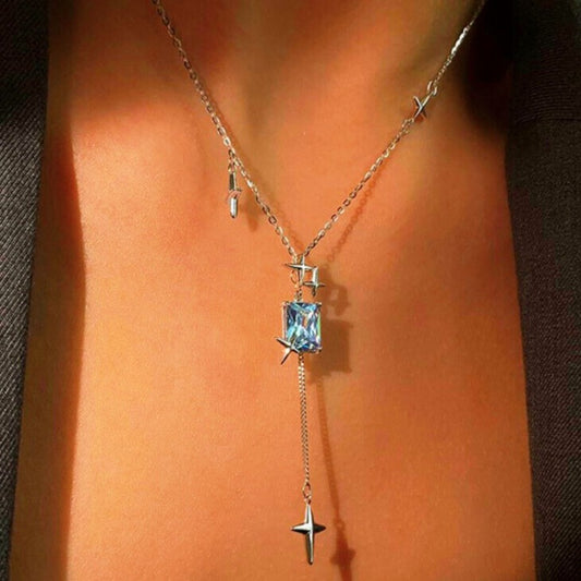 925 Sterling Silver Star Crystal Square Pendant Necklace