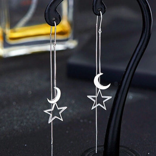 925 Sterling Silver - Moon Star Tassel Drop Earrings