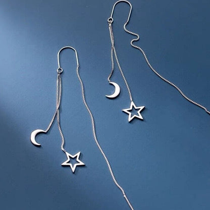 925 Sterling Silver - Moon Star Tassel Drop Earrings