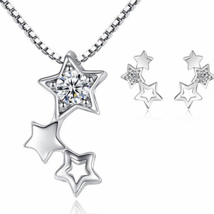 925 Sterling Silver Triple Star Necklace - Earrings Set